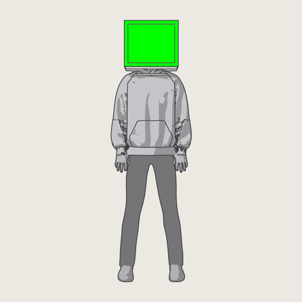 An unrevealed daemon turning: a figure in a hoodie with a CRT monitor for a head